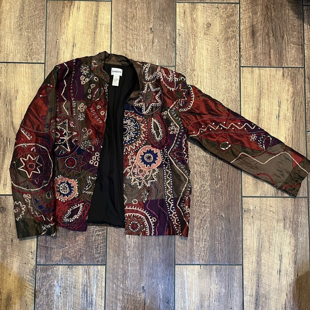 Chicos Jacket Womens 1 S Silk Open Blazer Embroidered Beaded Sequin Artsy Fairy
